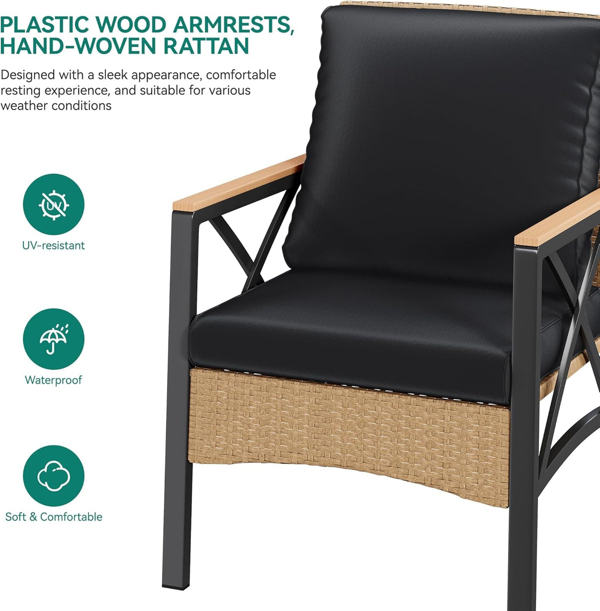 4 Piece Patio Wicker Set With Wood Armrests Light Brown And Black