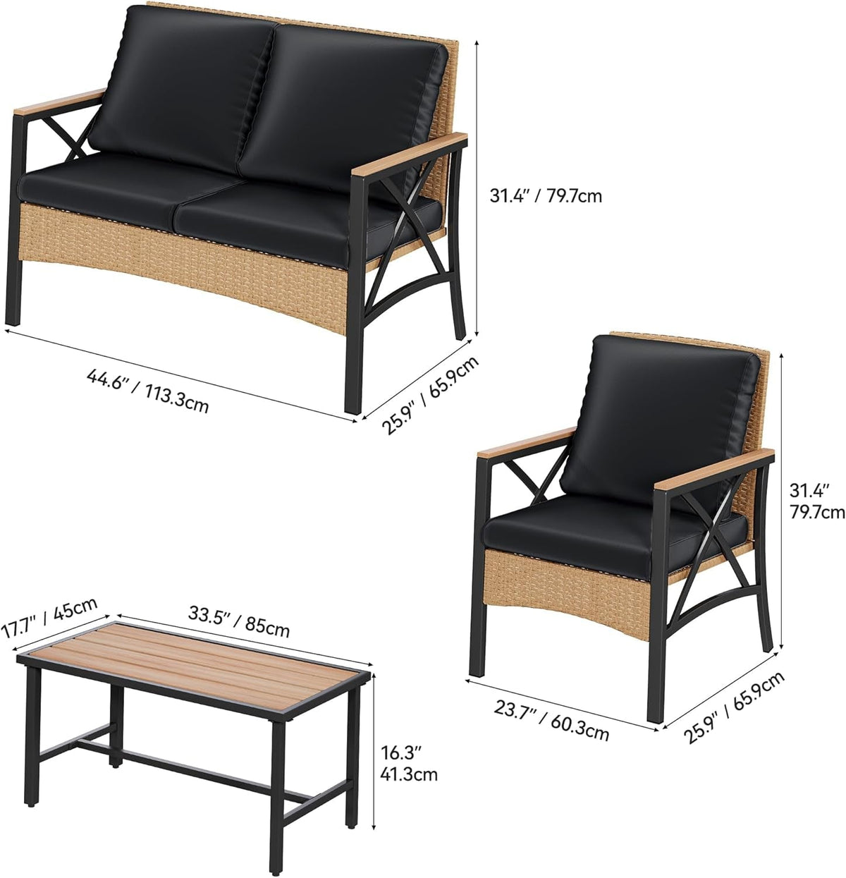 4 Piece Patio Wicker Set With Wood Armrests Light Brown And Black