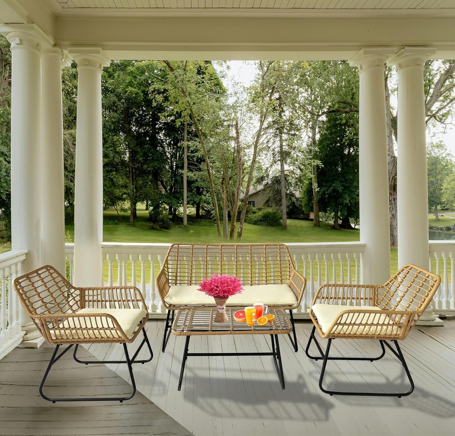 4 Piece Rattan Patio Conversation Set With White Cushions