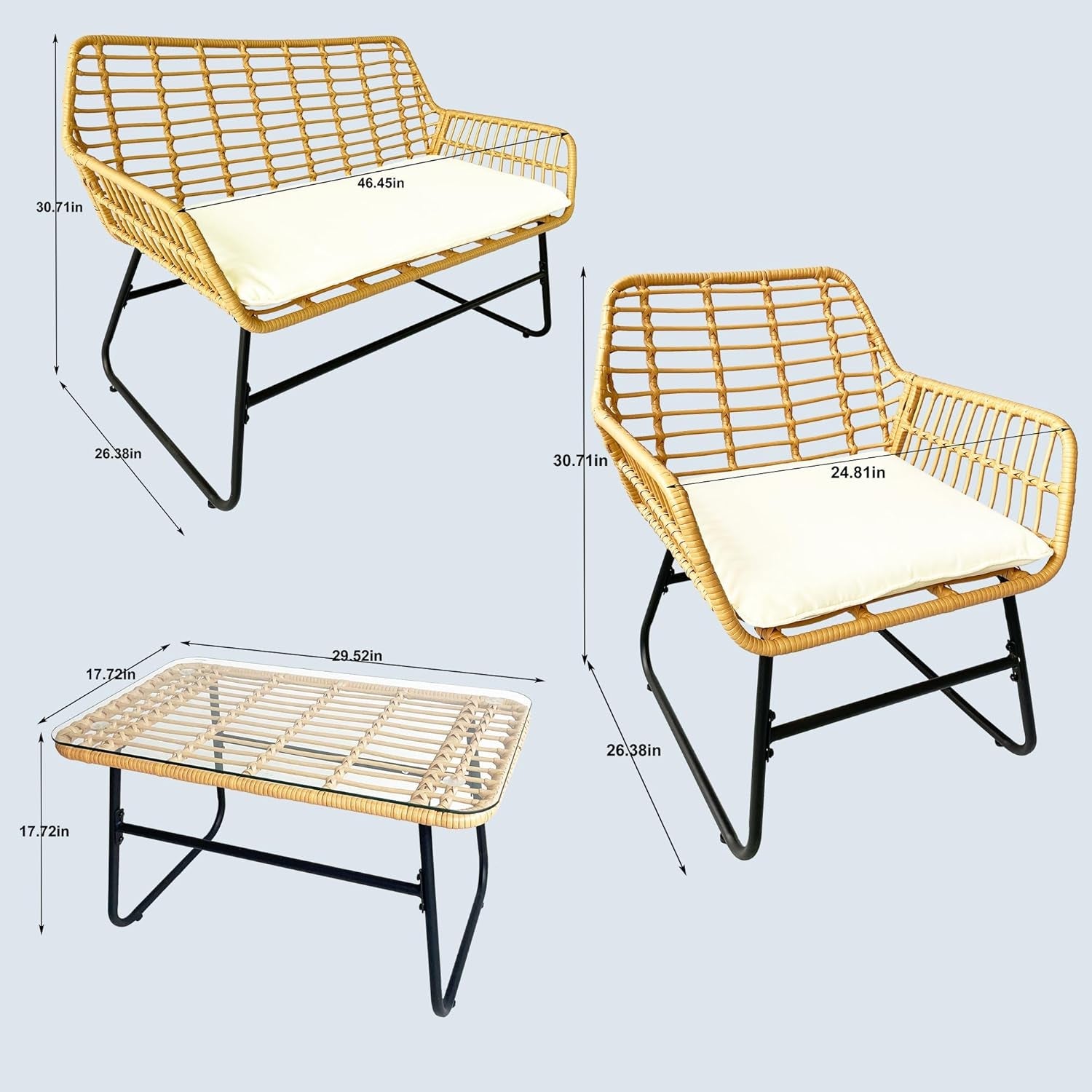 4 Piece Rattan Patio Conversation Set With White Cushions