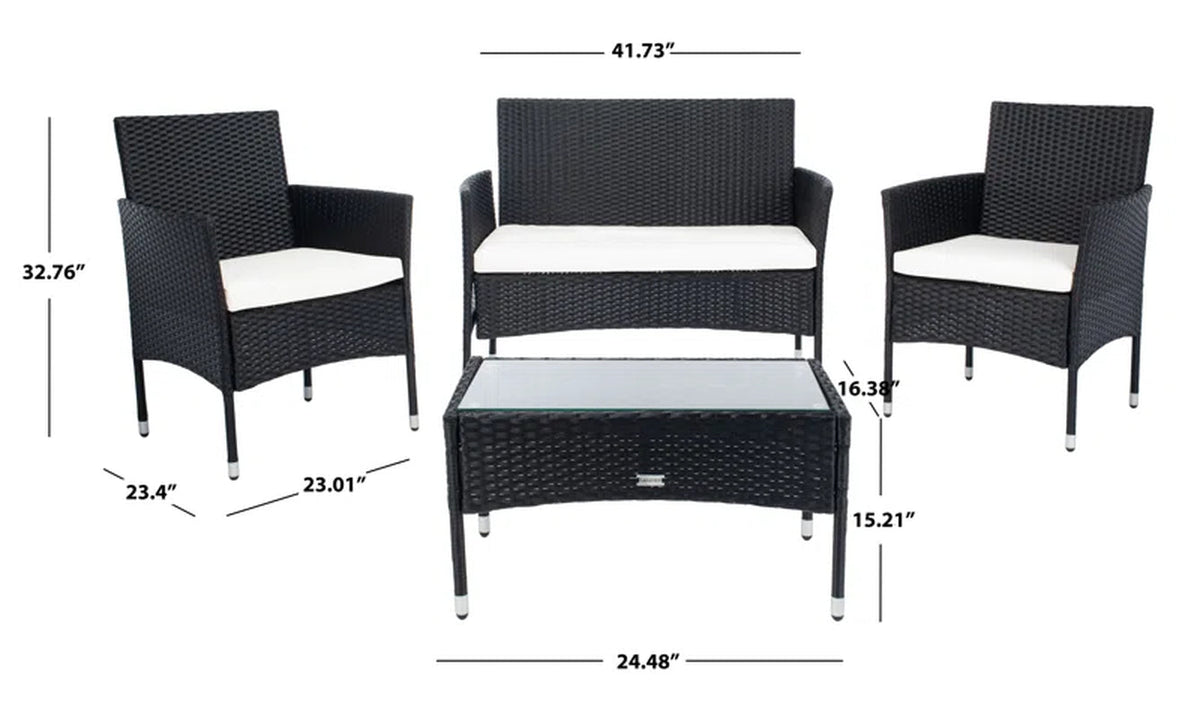 4 Piece Rattan Patio Set With Gray Cushions And Glass Top