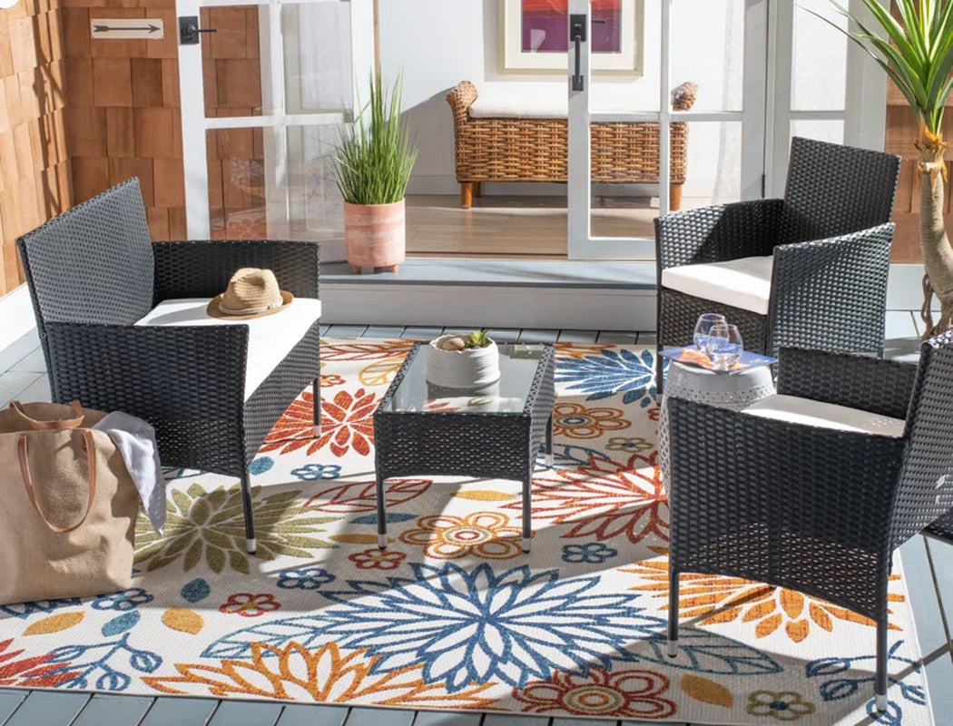 4 Piece Rattan Patio Set With Gray Cushions And Glass Top
