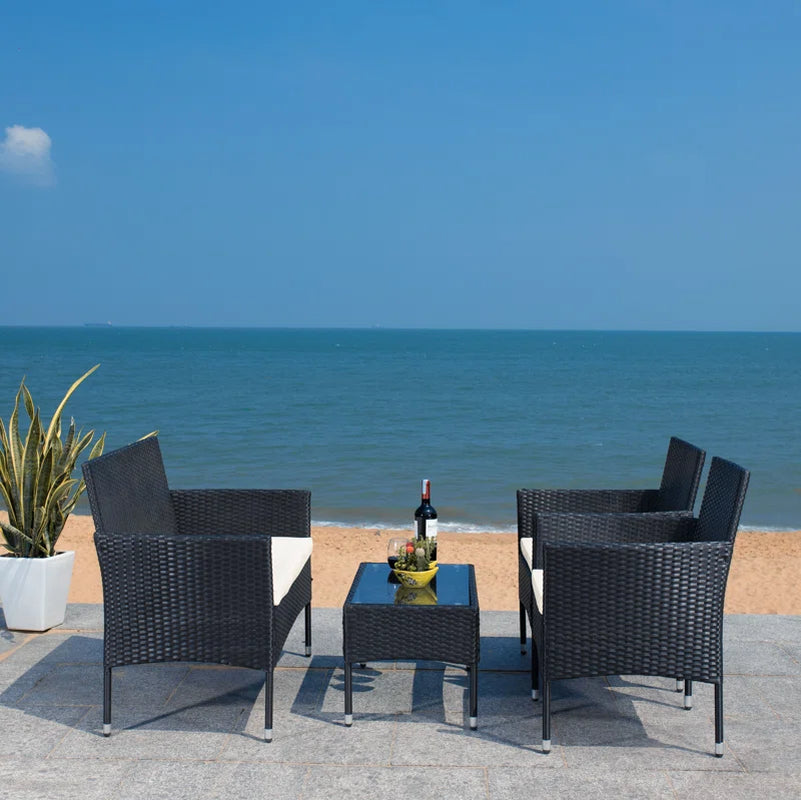 4 Piece Rattan Patio Set With Gray Cushions And Glass Top