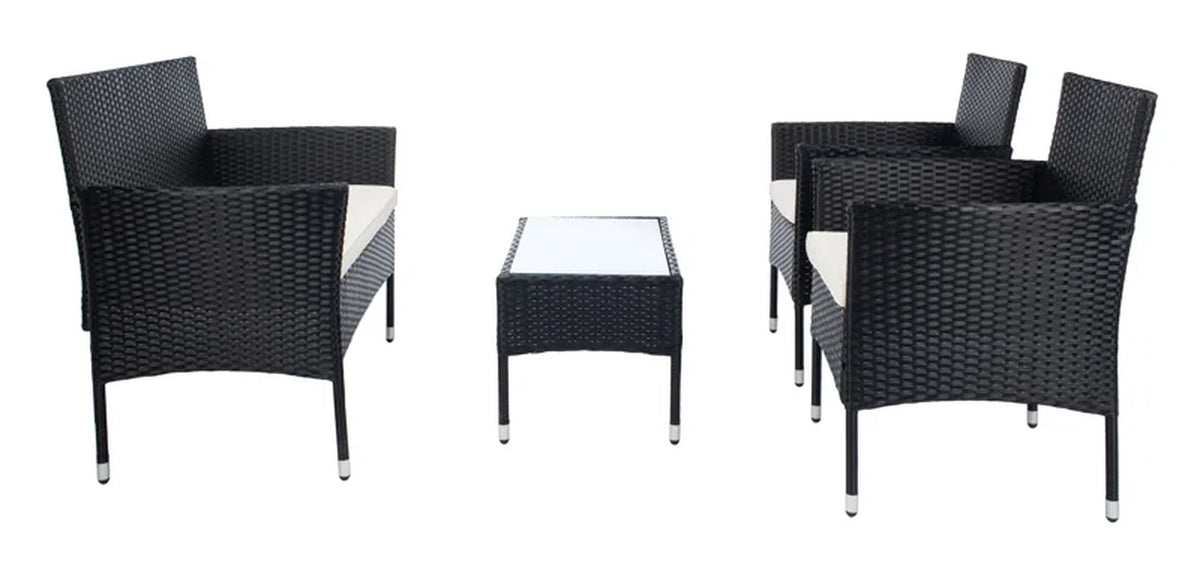 4 Piece Rattan Patio Set With Gray Cushions And Glass Top