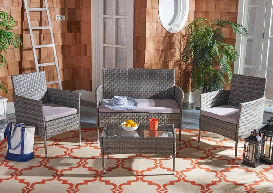 4 Piece Rattan Patio Set With Gray Cushions And Glass Top