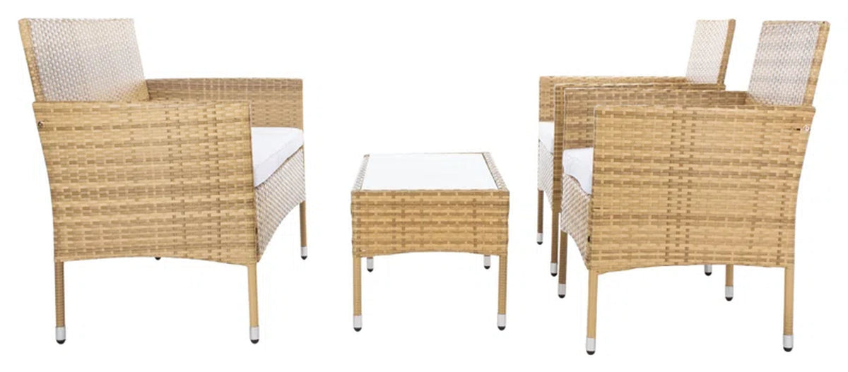 4 Piece Rattan Patio Set With Gray Cushions And Glass Top