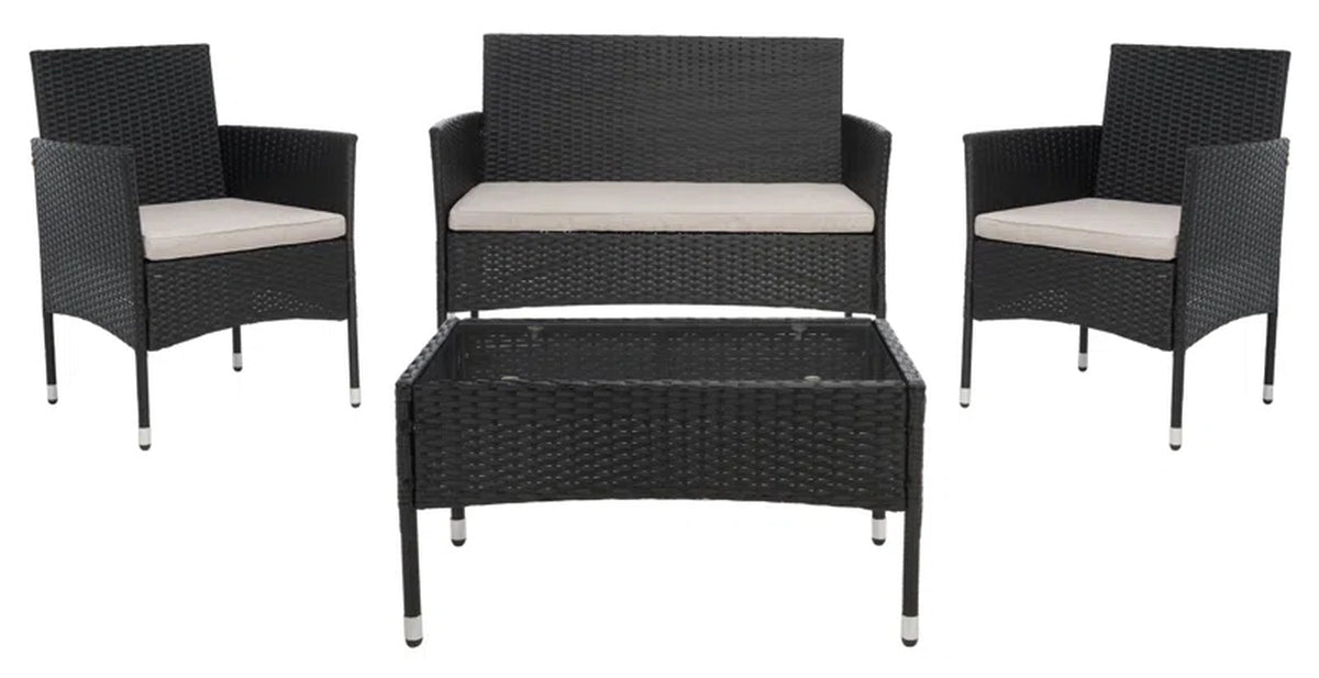 4 Piece Rattan Patio Set With Gray Cushions And Glass Top
