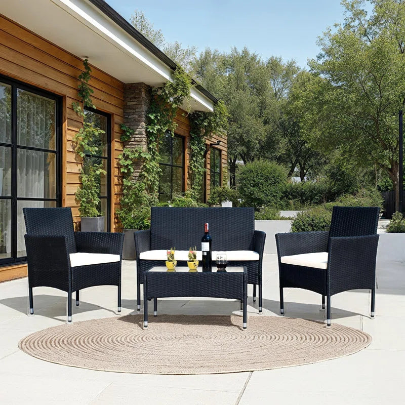 4 Piece Rattan Patio Set With Gray Cushions And Glass Top