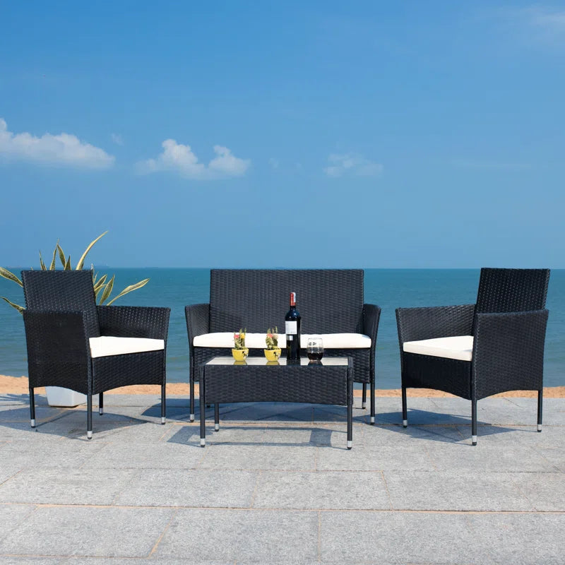 4 Piece Rattan Patio Set With Gray Cushions And Glass Top