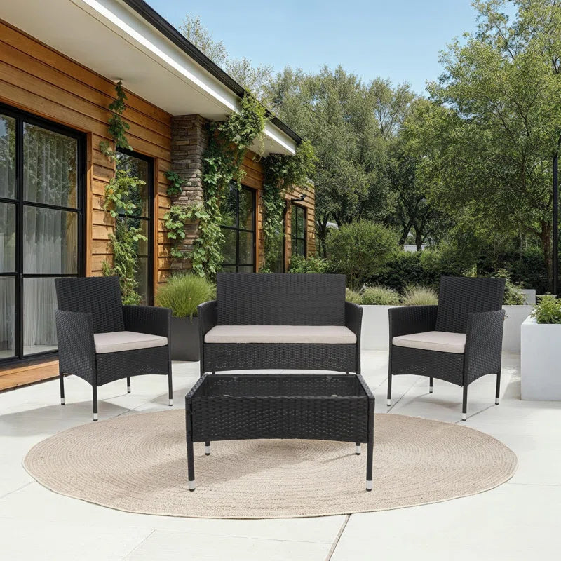 4 Piece Rattan Patio Set With Gray Cushions And Glass Top