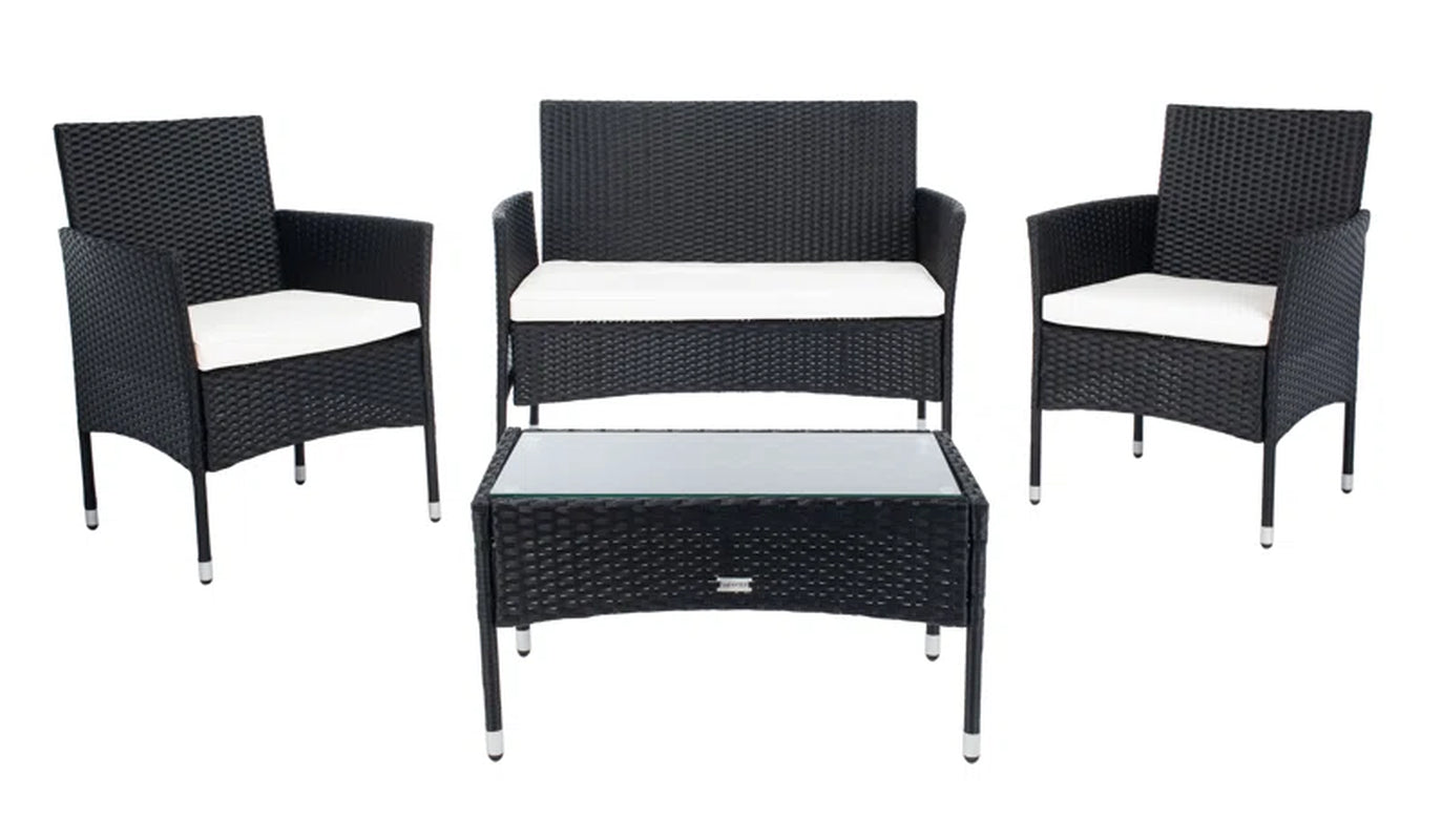 4 Piece Rattan Patio Set With Gray Cushions And Glass Top