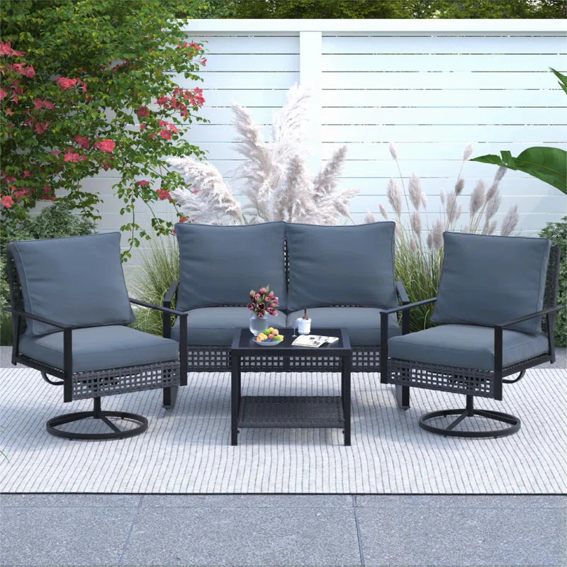 4 Piece Swivel Chair Set With Cushions Weather Resistant