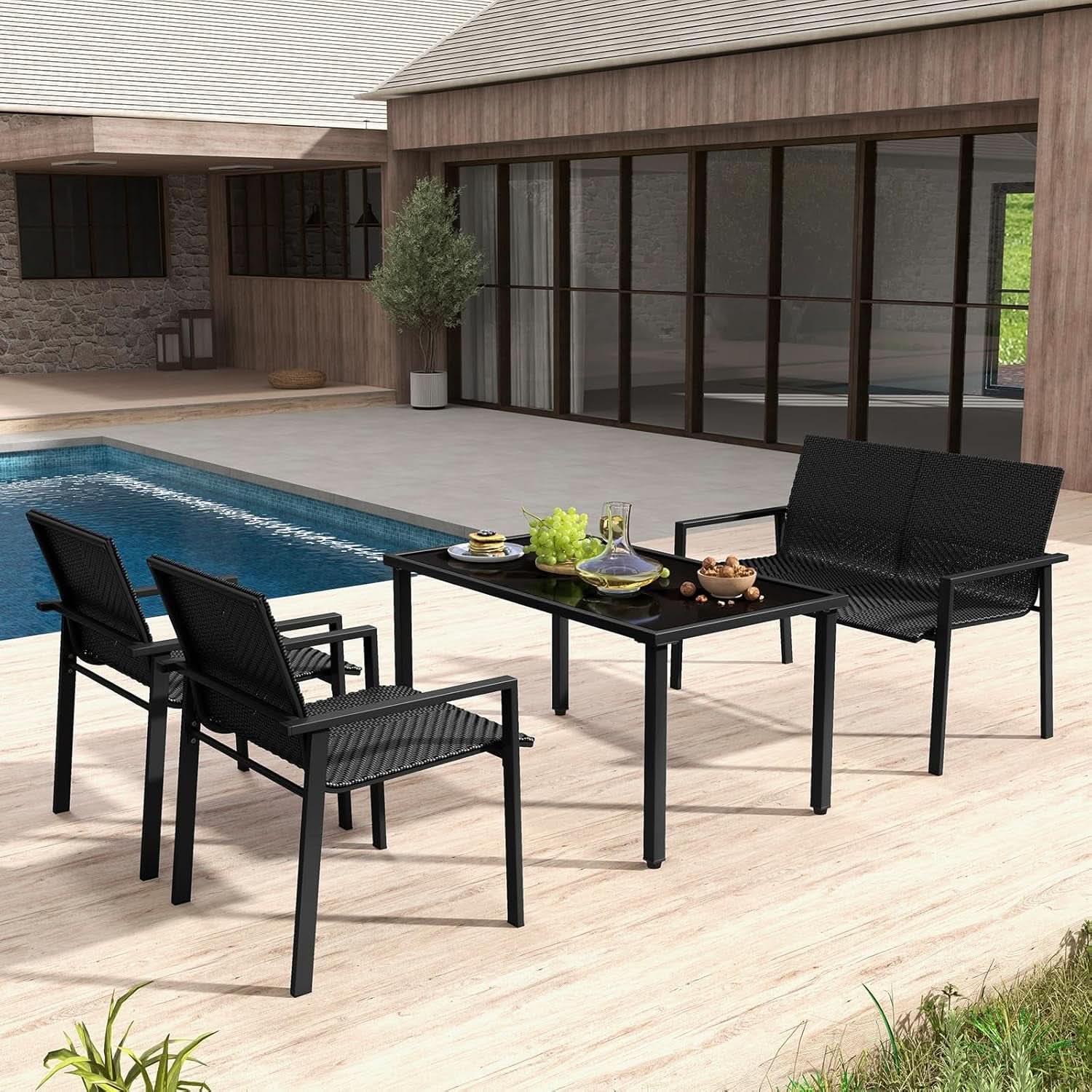 4 Piece Wicker Patio Conversation Set Black Coffee Table