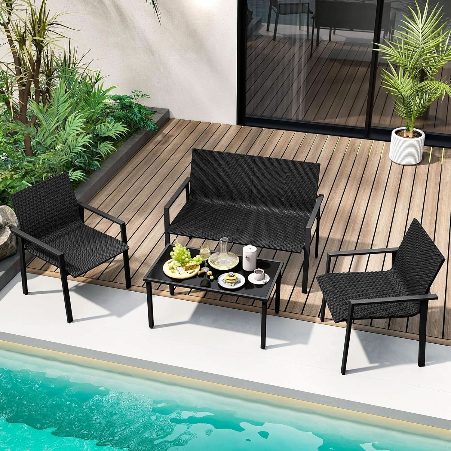 4 Piece Wicker Patio Conversation Set Black Coffee Table