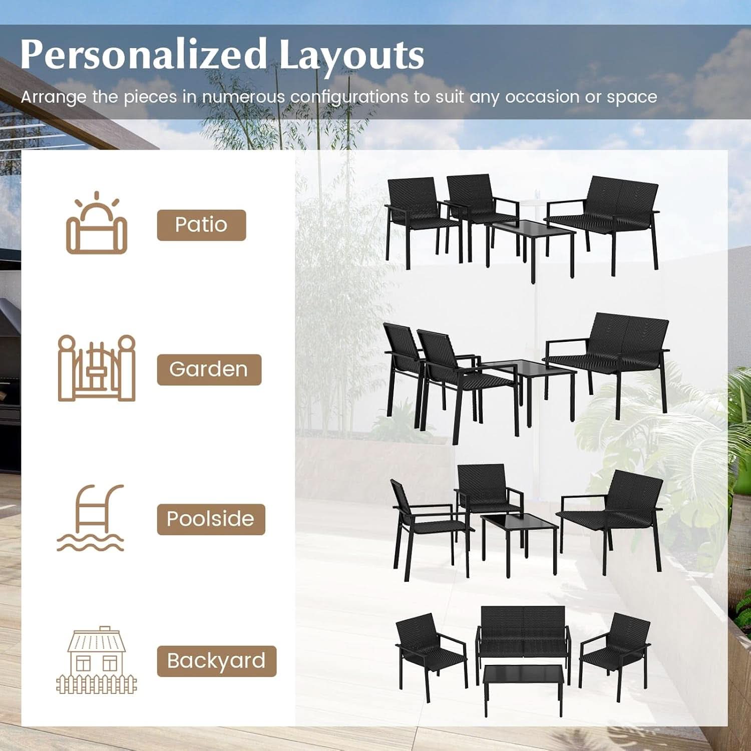 4 Piece Wicker Patio Conversation Set Black Coffee Table