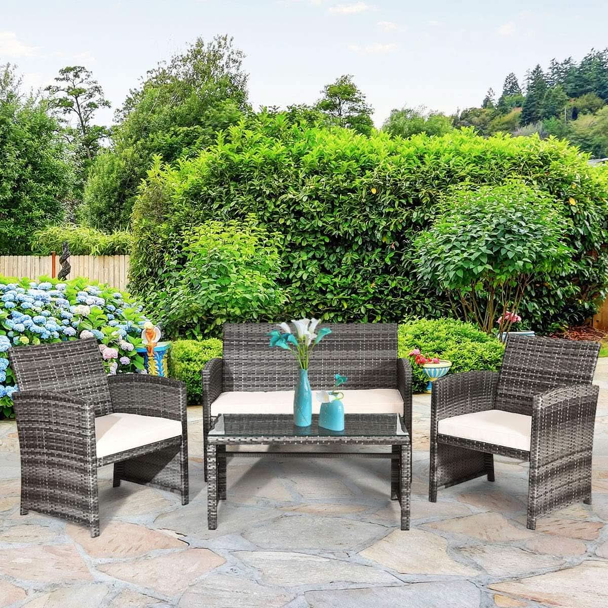 4 Piece Wicker Patio Conversation Set With Soft Cushions