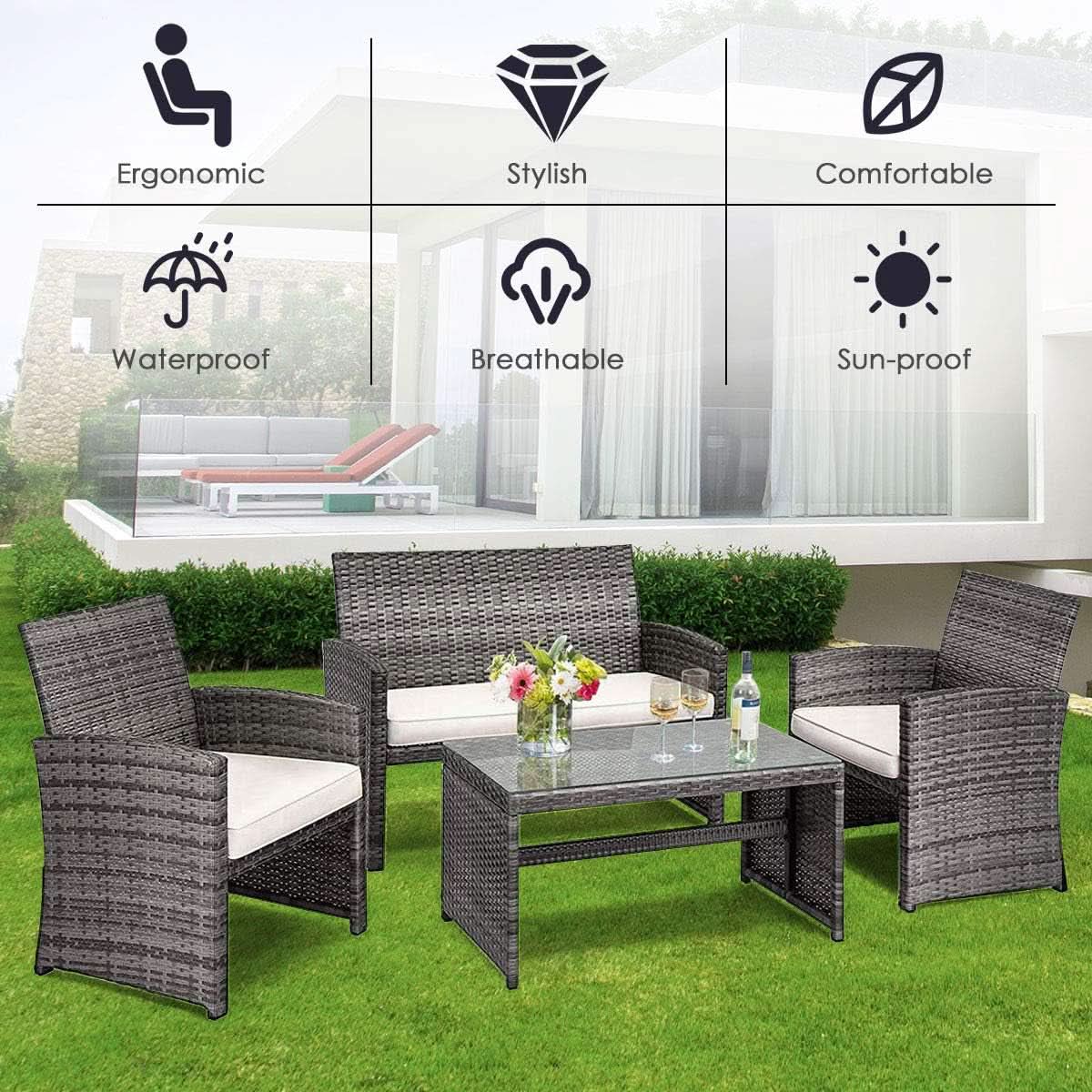 4 Piece Wicker Patio Conversation Set With Soft Cushions
