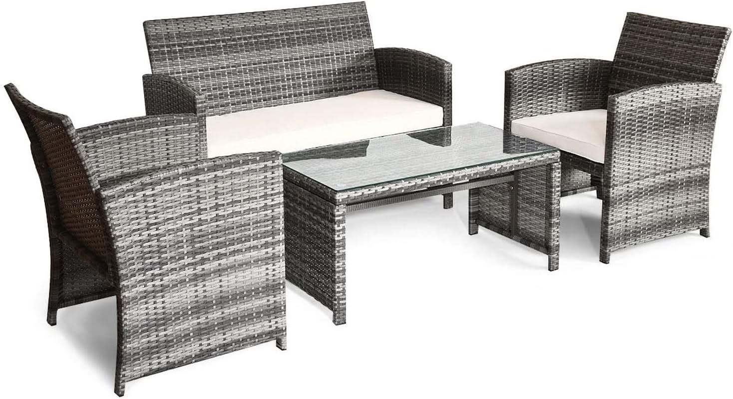 4 Piece Wicker Patio Conversation Set With Soft Cushions