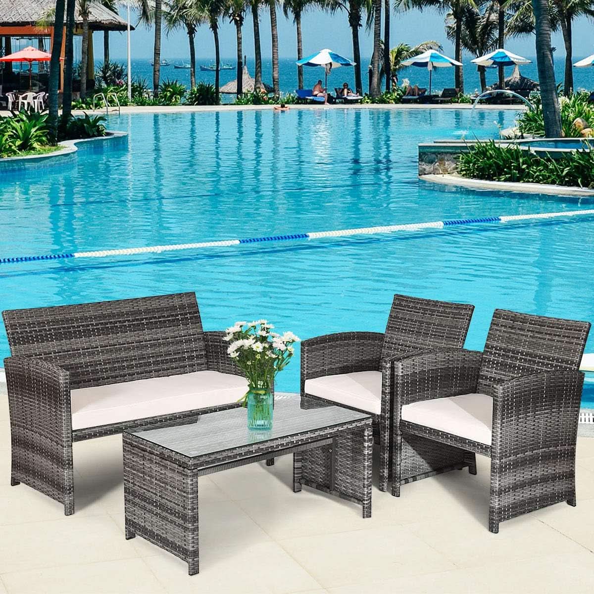 4 Piece Wicker Patio Conversation Set With Soft Cushions