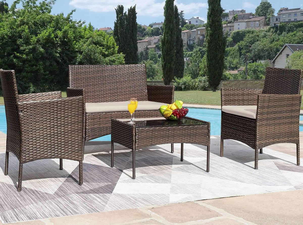 4 Piece Wicker Patio Set With Glass Table Beige Cushions