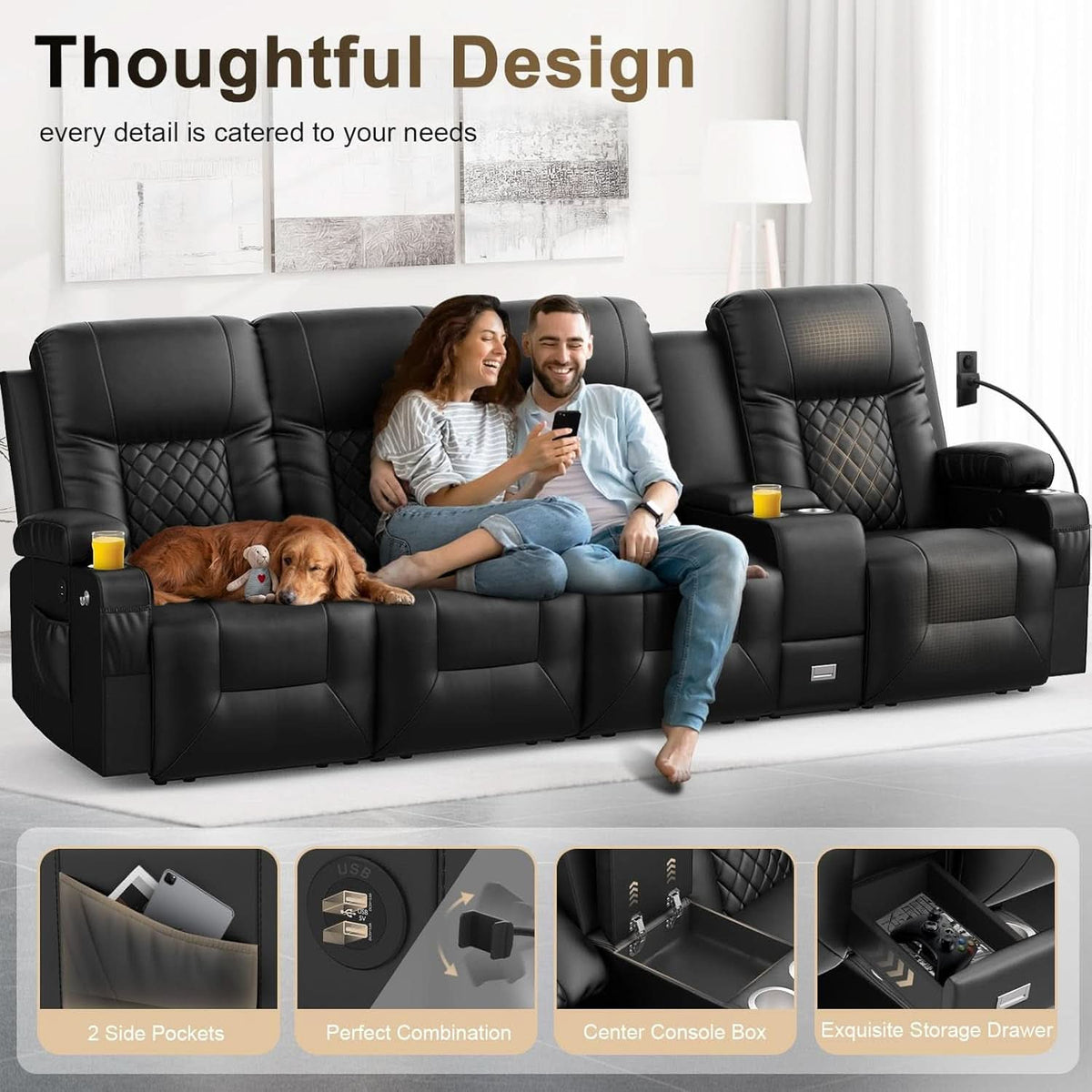 4 Seat Recliner Sofa With USB Ports And Storage Console