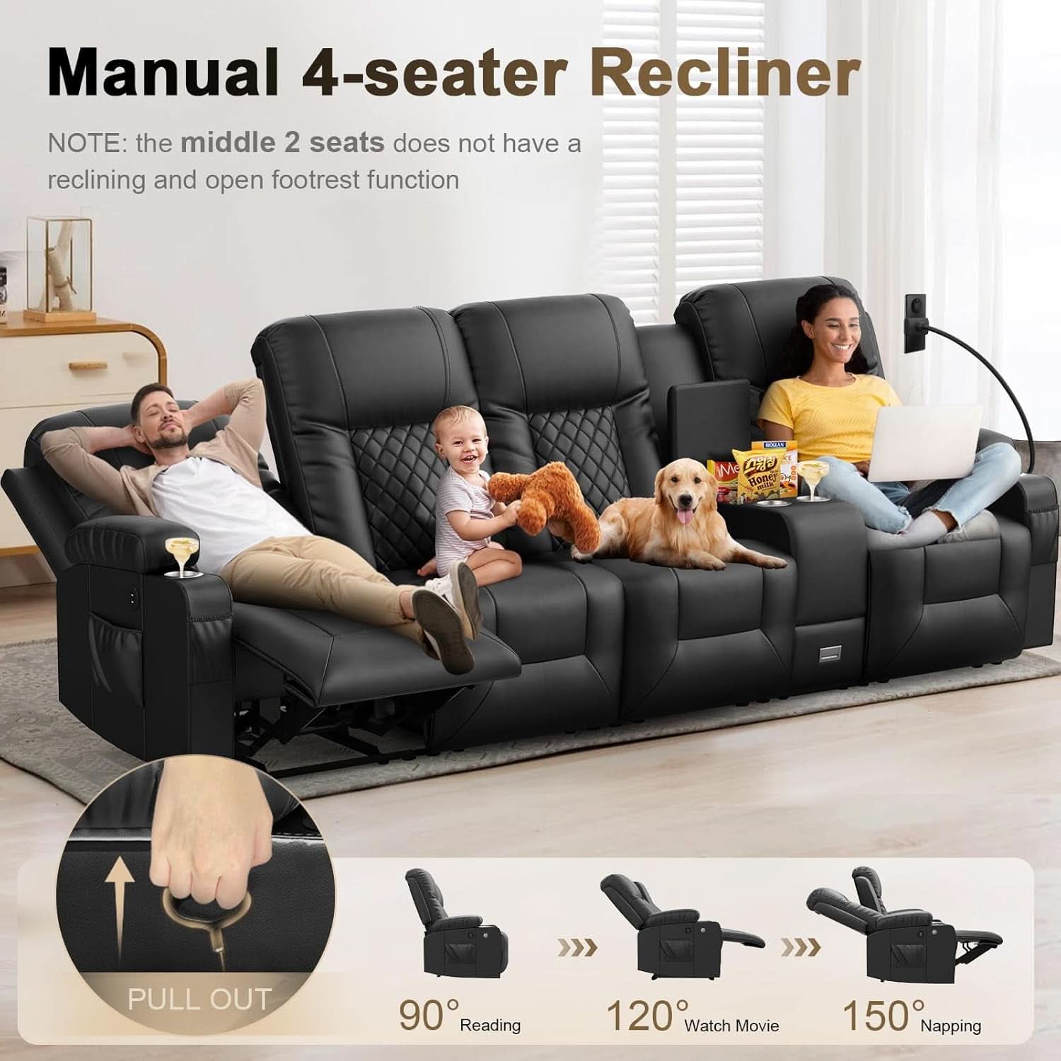 4 Seat Recliner Sofa With USB Ports And Storage Console