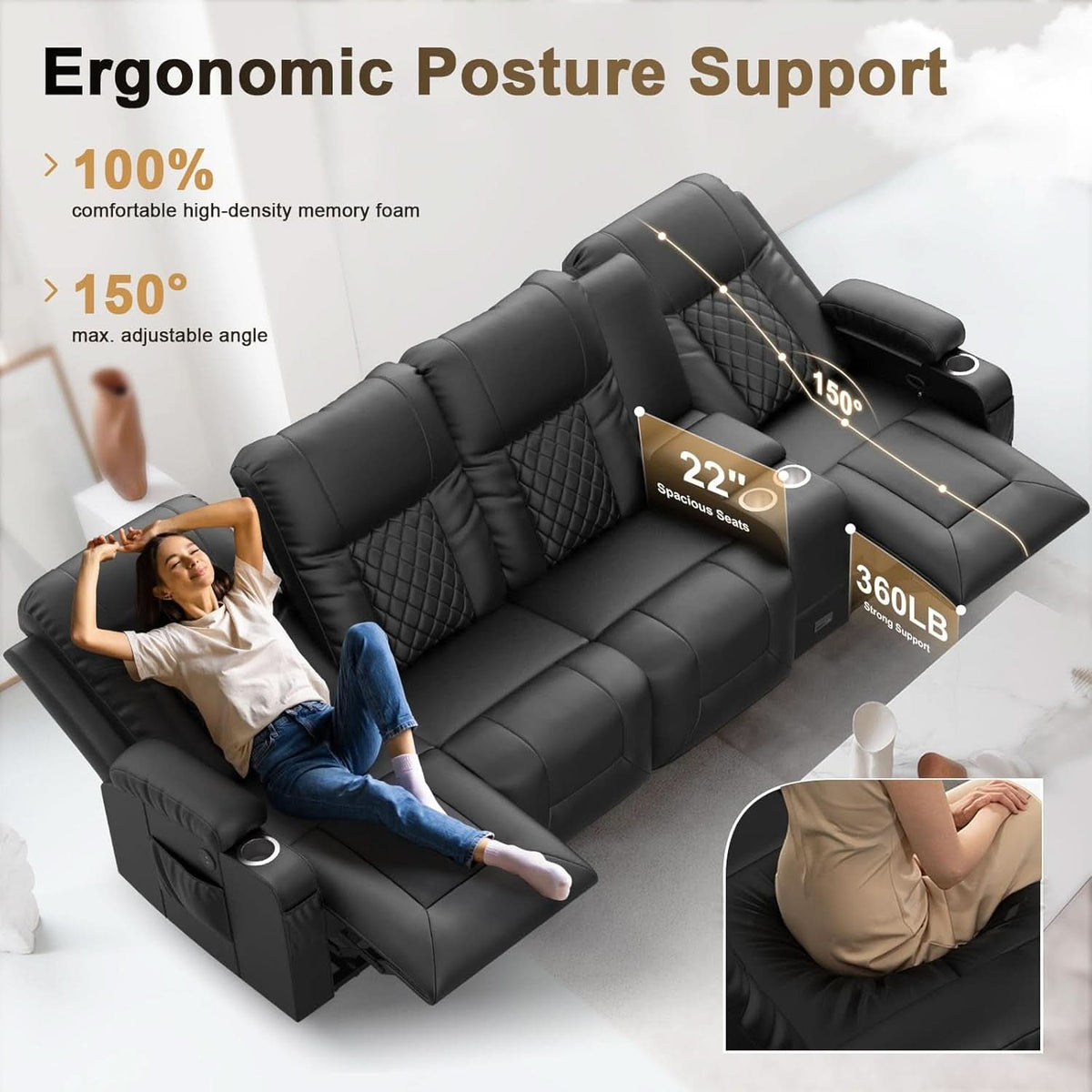 4 Seat Recliner Sofa With USB Ports And Storage Console