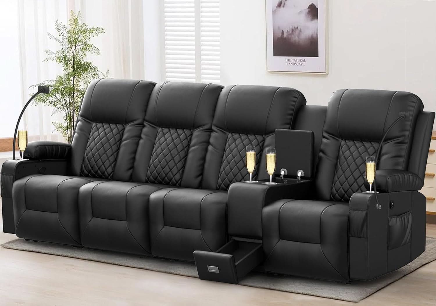 4 Seat Recliner Sofa With USB Ports And Storage Console