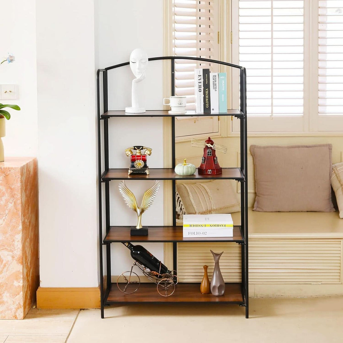4 Tier Black Folding Bookshelf for Living Room Home Office