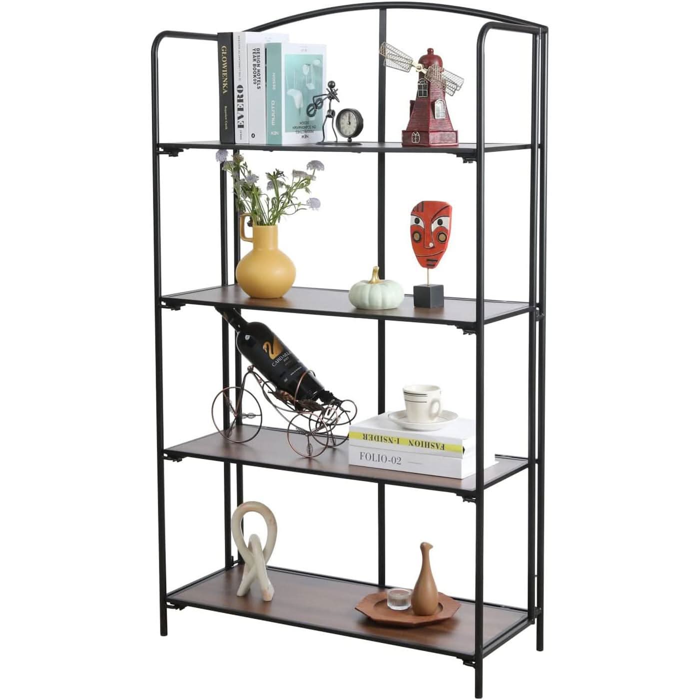 4 Tier Black Folding Bookshelf for Living Room Home Office