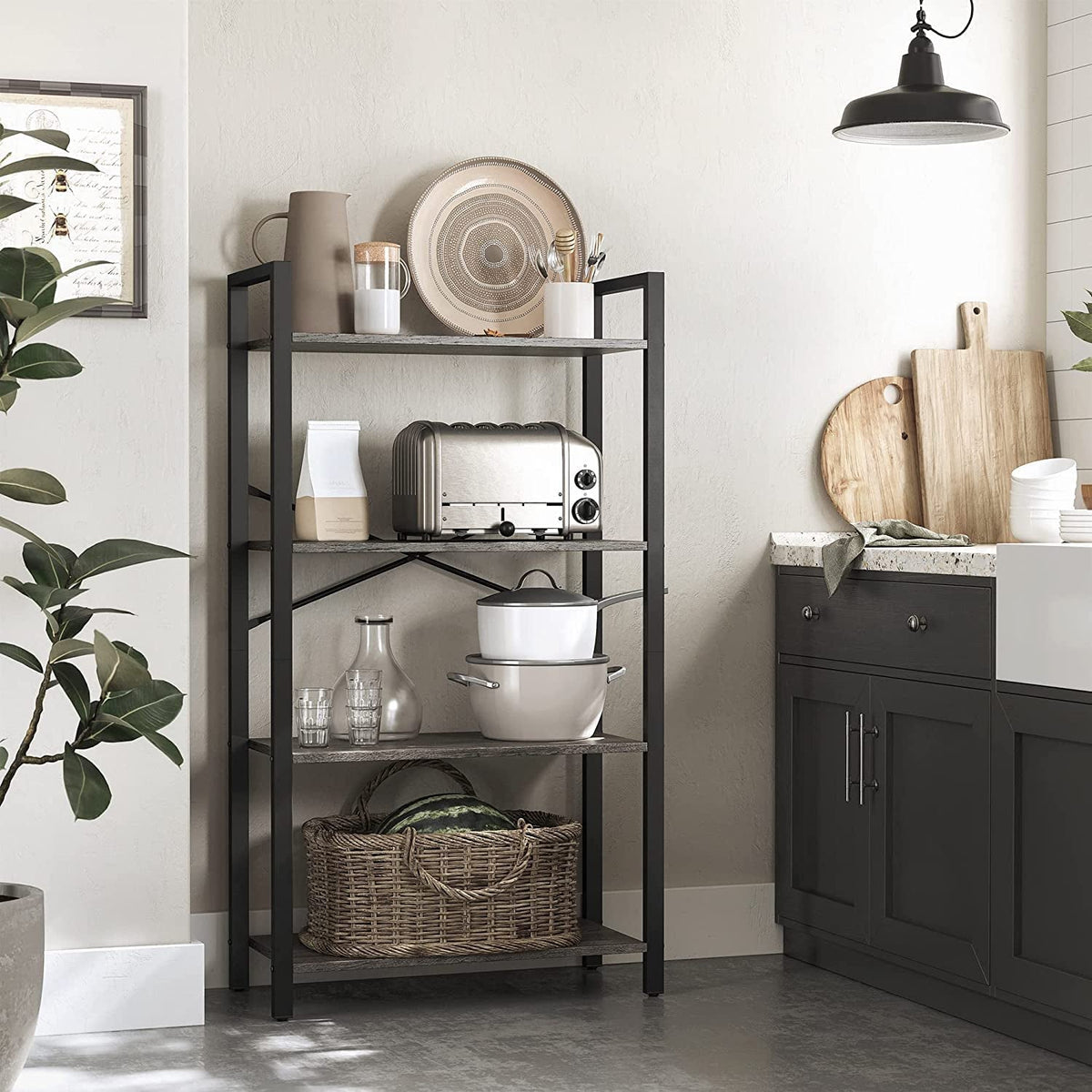 4 Tier Bookshelf In Black Frame With Greige Shelves