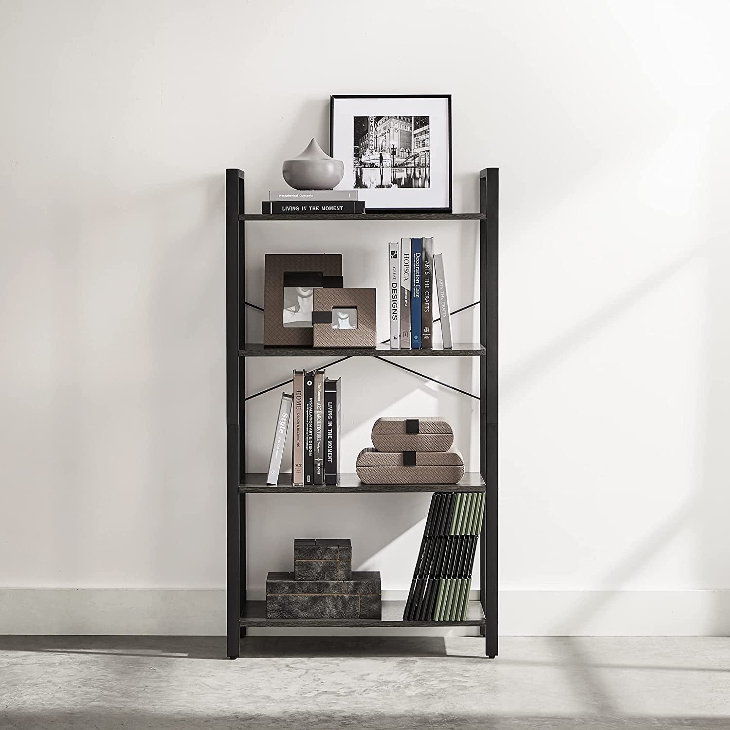 4 Tier Bookshelf In Black Frame With Greige Shelves
