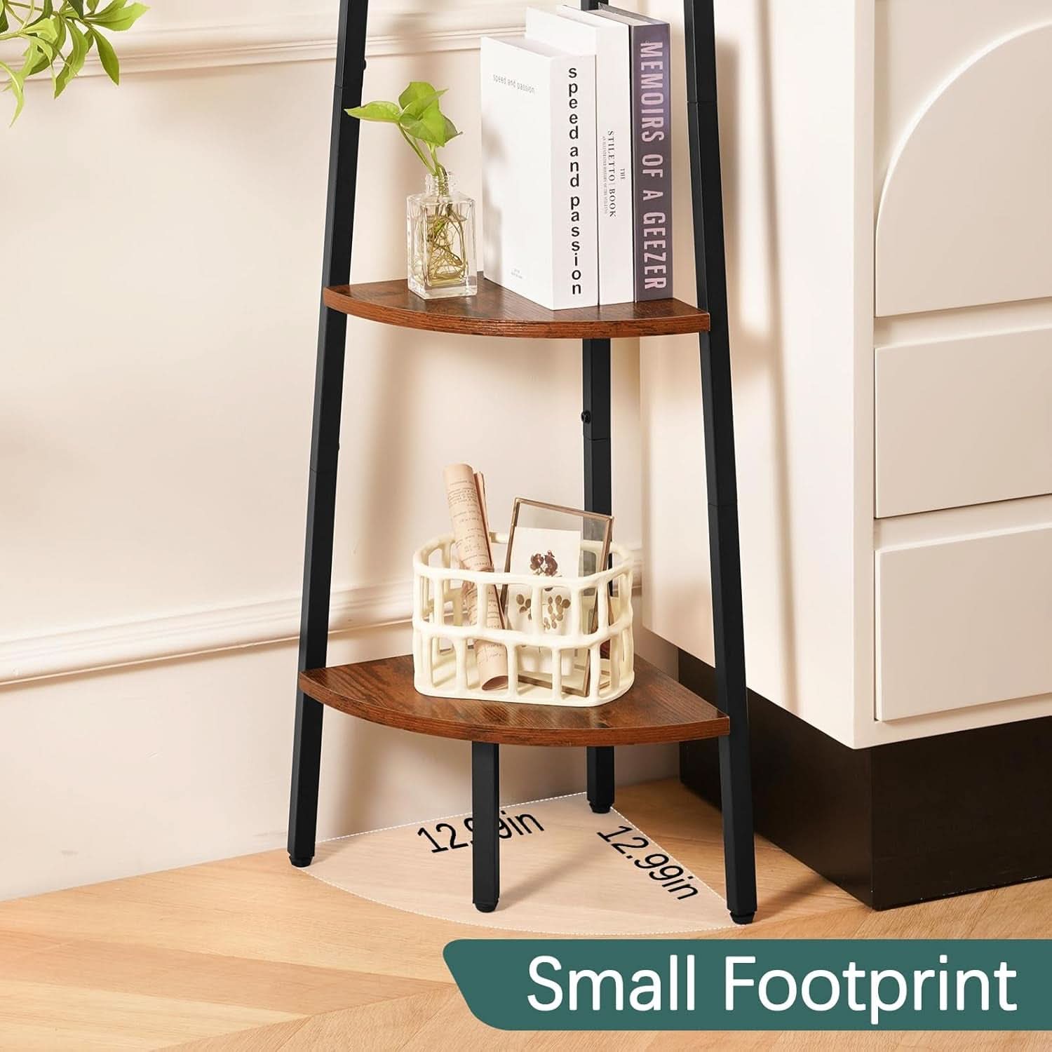 4 Tier Corner Bookshelf With Metal Frame Ladder Display