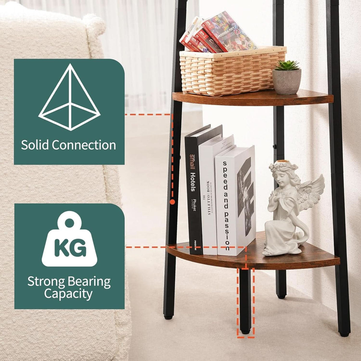 4 Tier Corner Bookshelf With Metal Frame Ladder Display