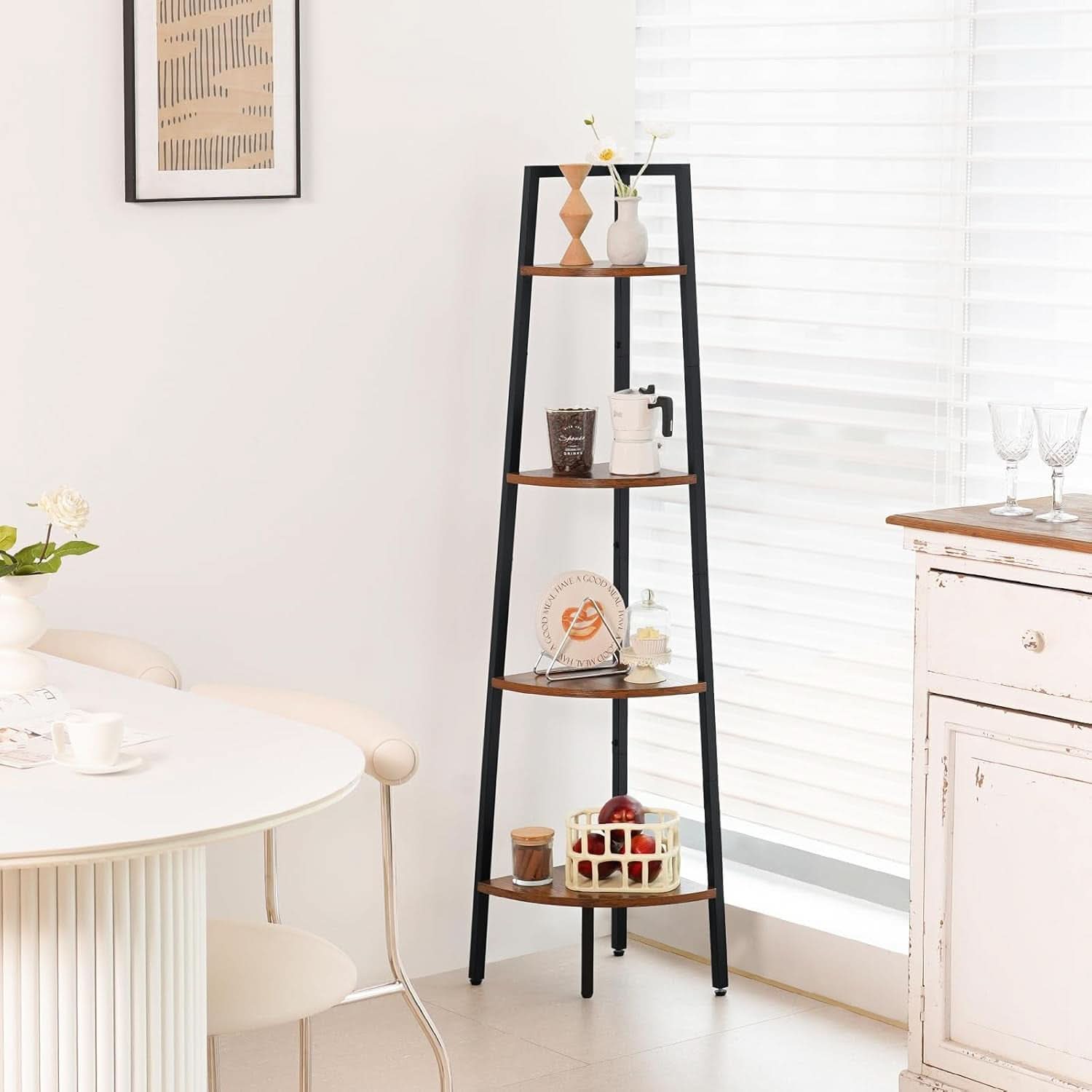 4 Tier Corner Bookshelf With Metal Frame Ladder Display