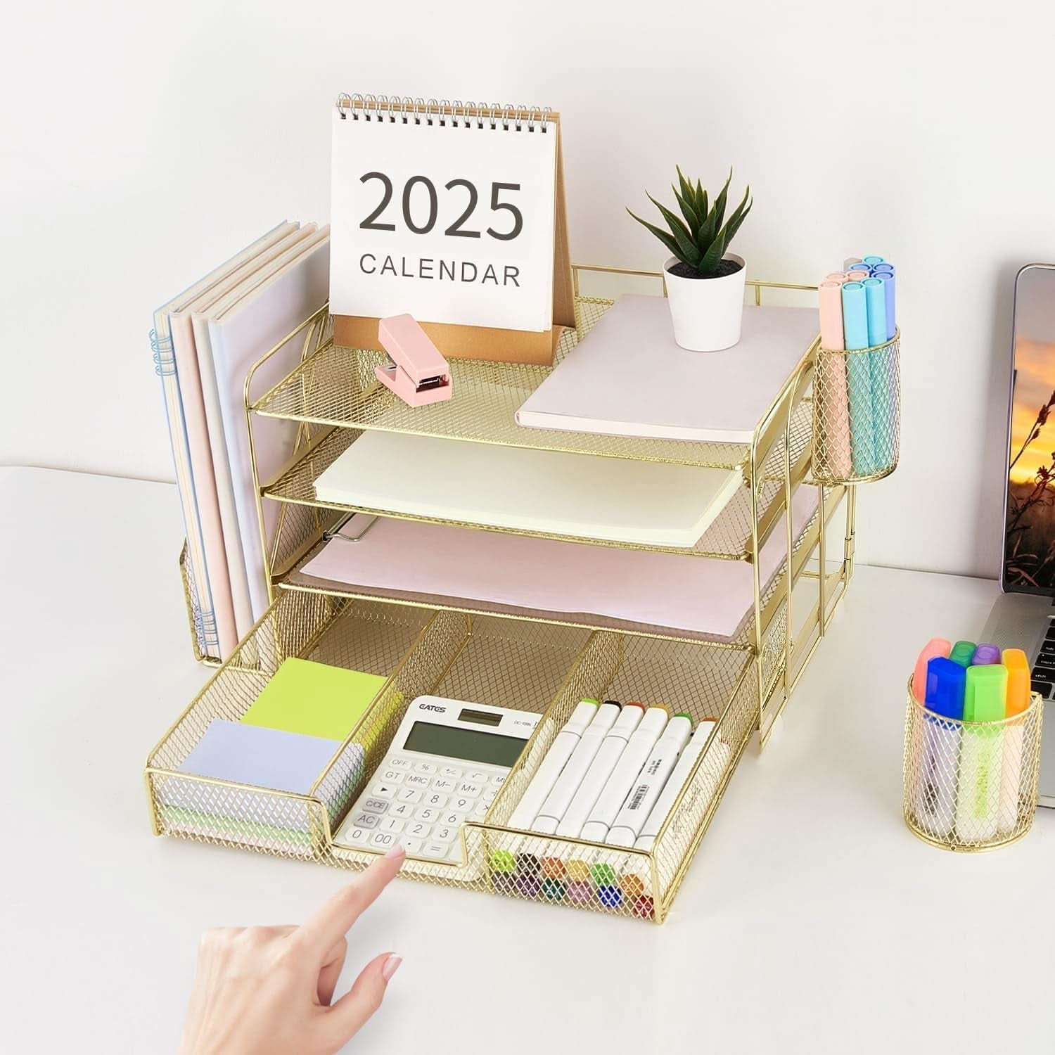 4 Tier Paper Tray Organizer With Drawer For Office Use