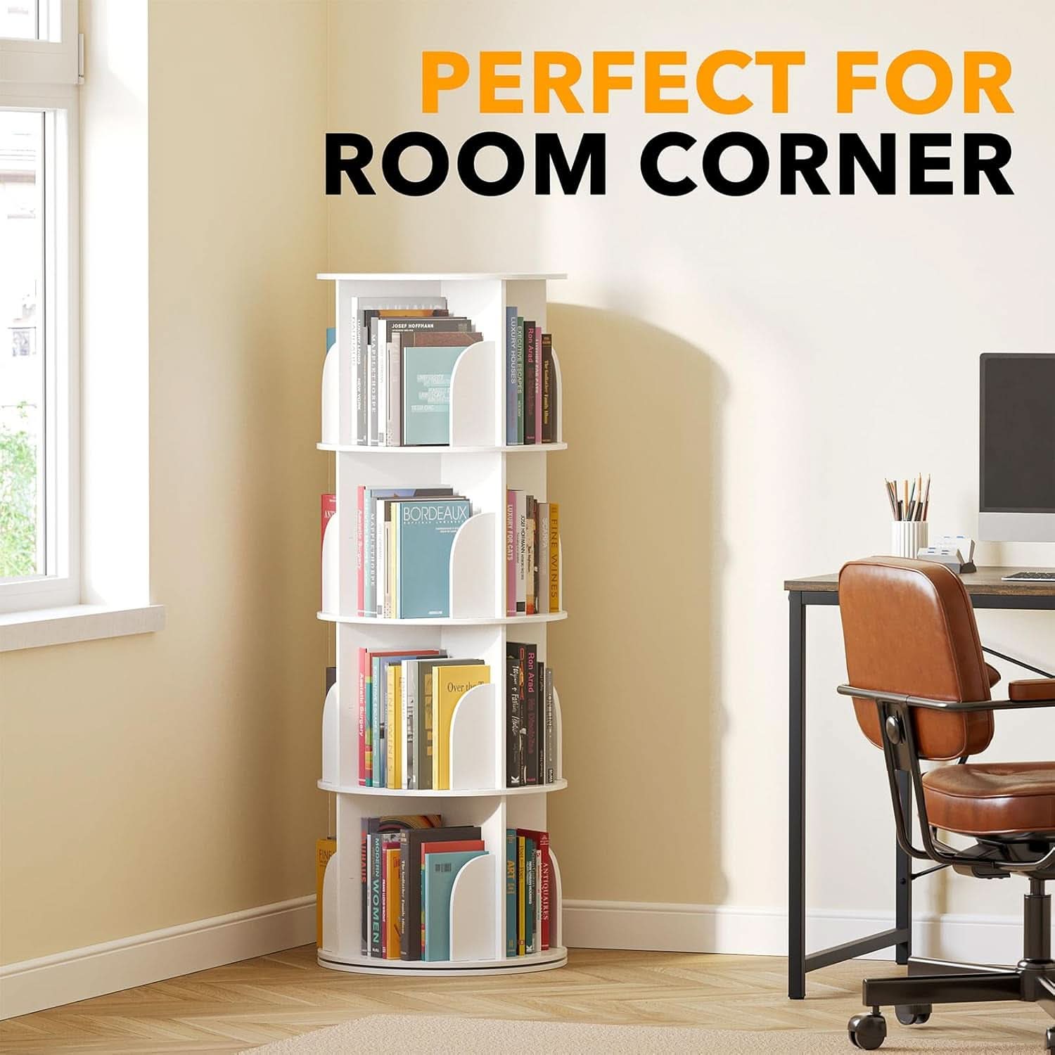 4 Tier Rotating Bookshelf Tower White Spinning Bookcase