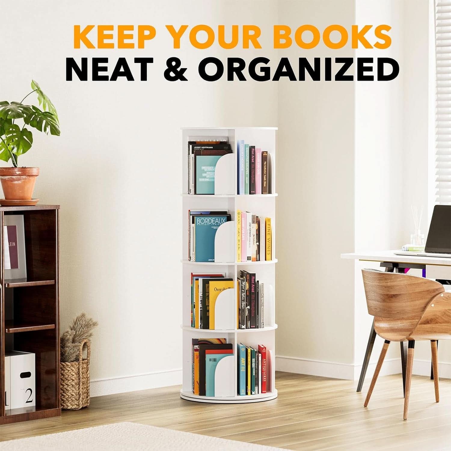 4 Tier Rotating Bookshelf Tower White Spinning Bookcase