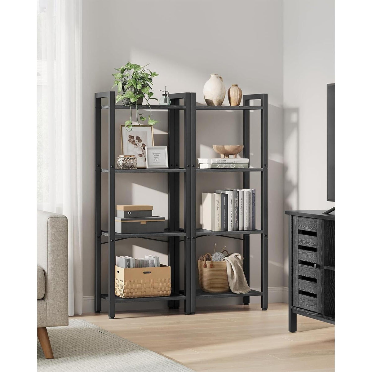 4 Tier Tall Bookshelf With Steel Frame Ebony Black Bookcase