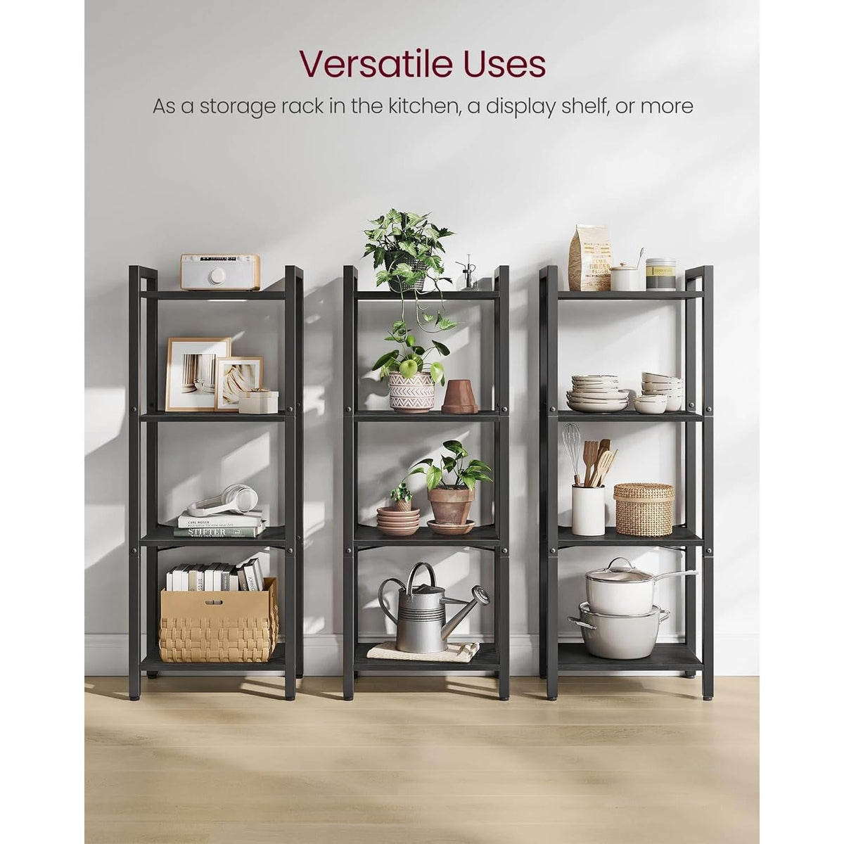 4 Tier Tall Bookshelf With Steel Frame Ebony Black Bookcase