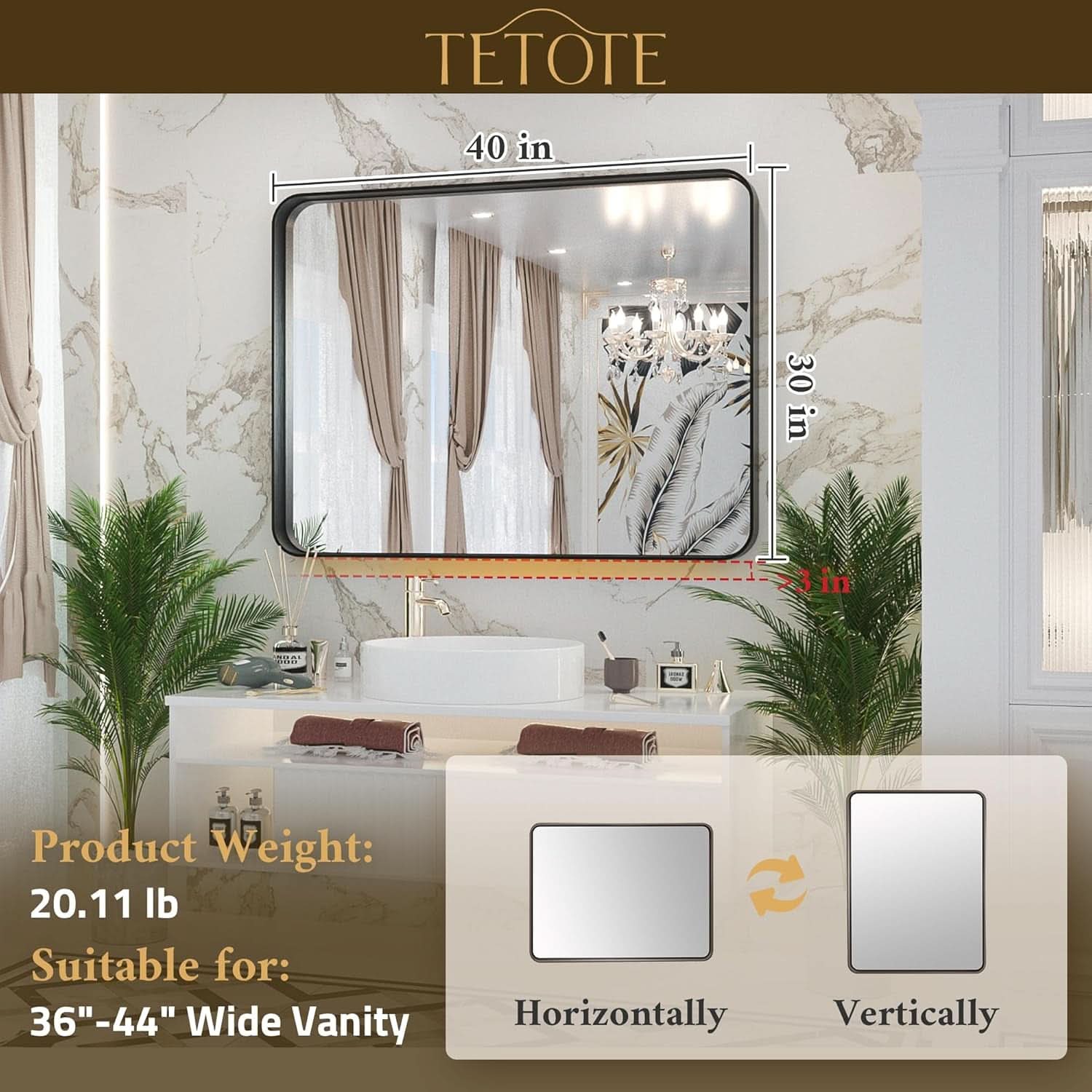 40 By 30 Inch Brushed Brass Bathroom Mirror Wall Mounted