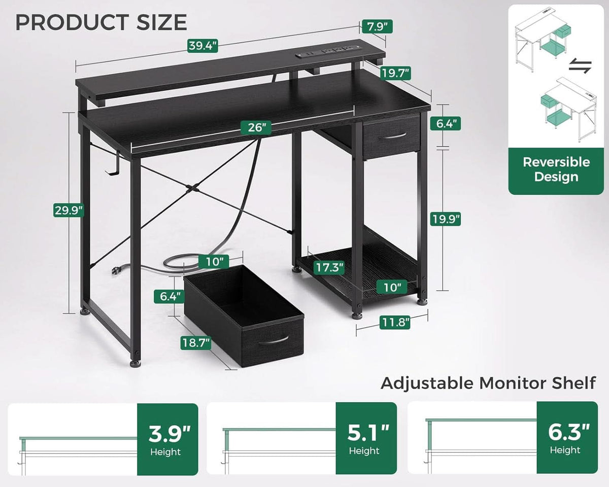 40 Inch Black Gaming Desk For Home Office Setup Workspace