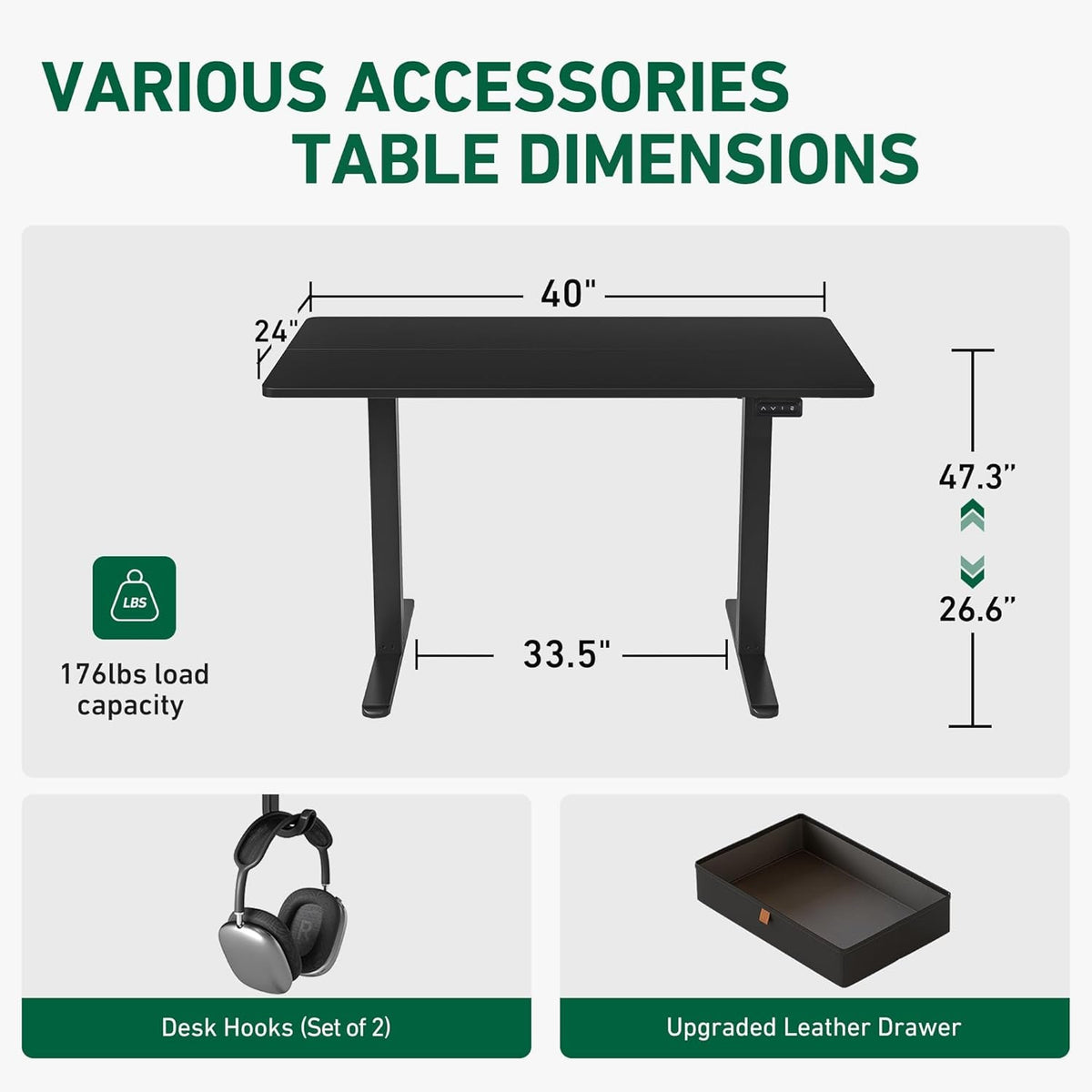 40 Inch By 24 Inch Electric Standing Desk With Drawer Black