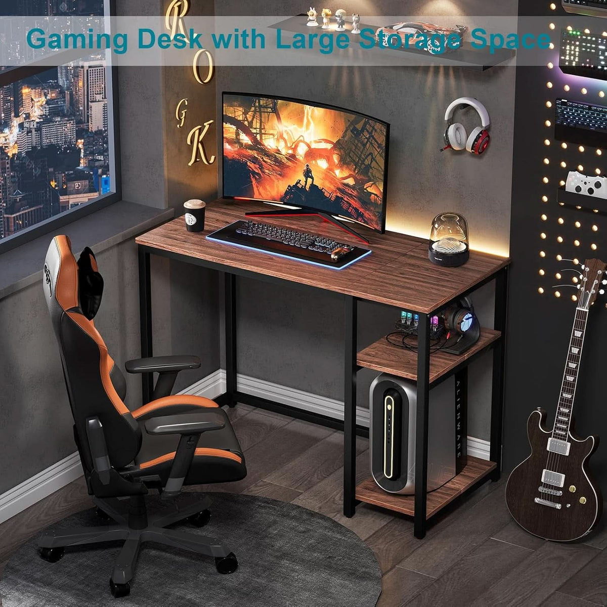 40 Inch Computer Desk With 2 Shelves Brown Sturdy Home Office Gaming Desk