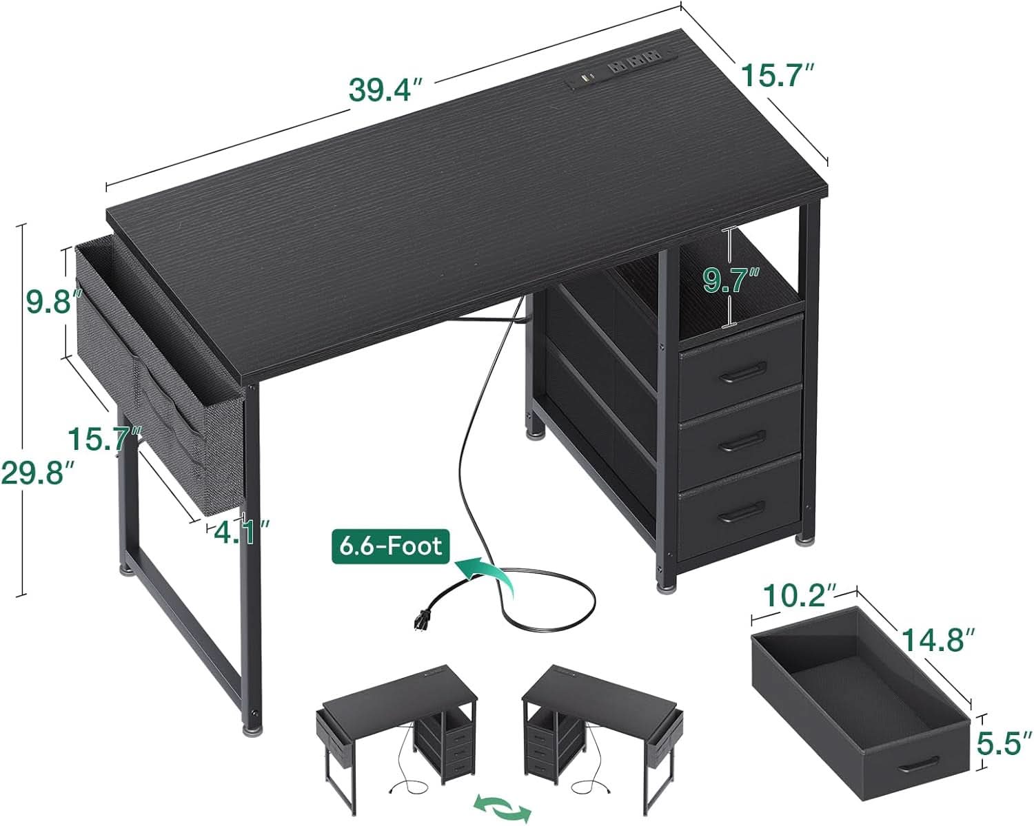 40 Inch Computer Desk With Fabric Drawers Charging Station