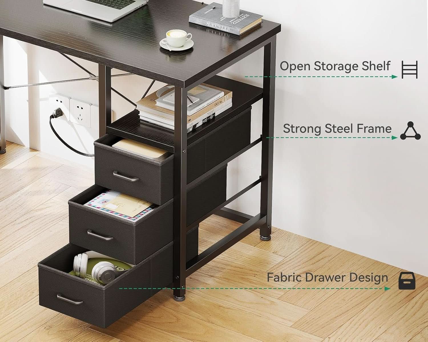 40 Inch Computer Desk With Fabric Drawers Charging Station