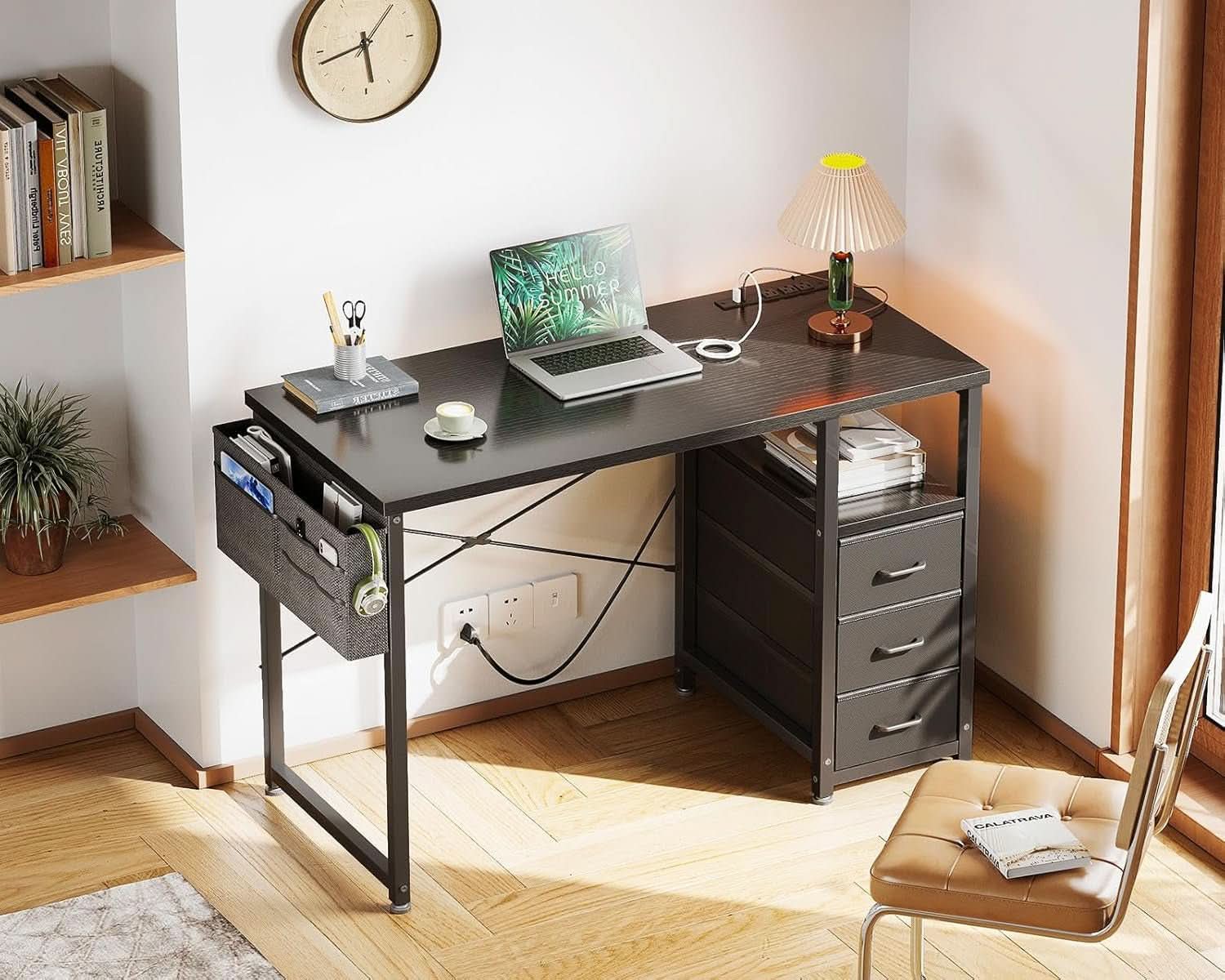 40 Inch Computer Desk With Fabric Drawers Charging Station