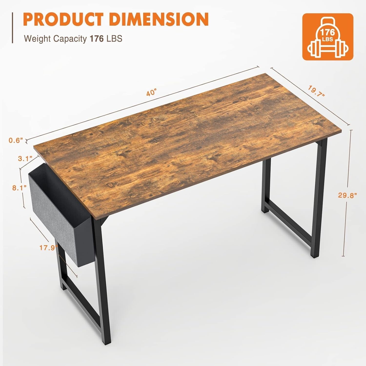 40 Inch Computer Desk With Headphone Hooks Brown Storage Bag
