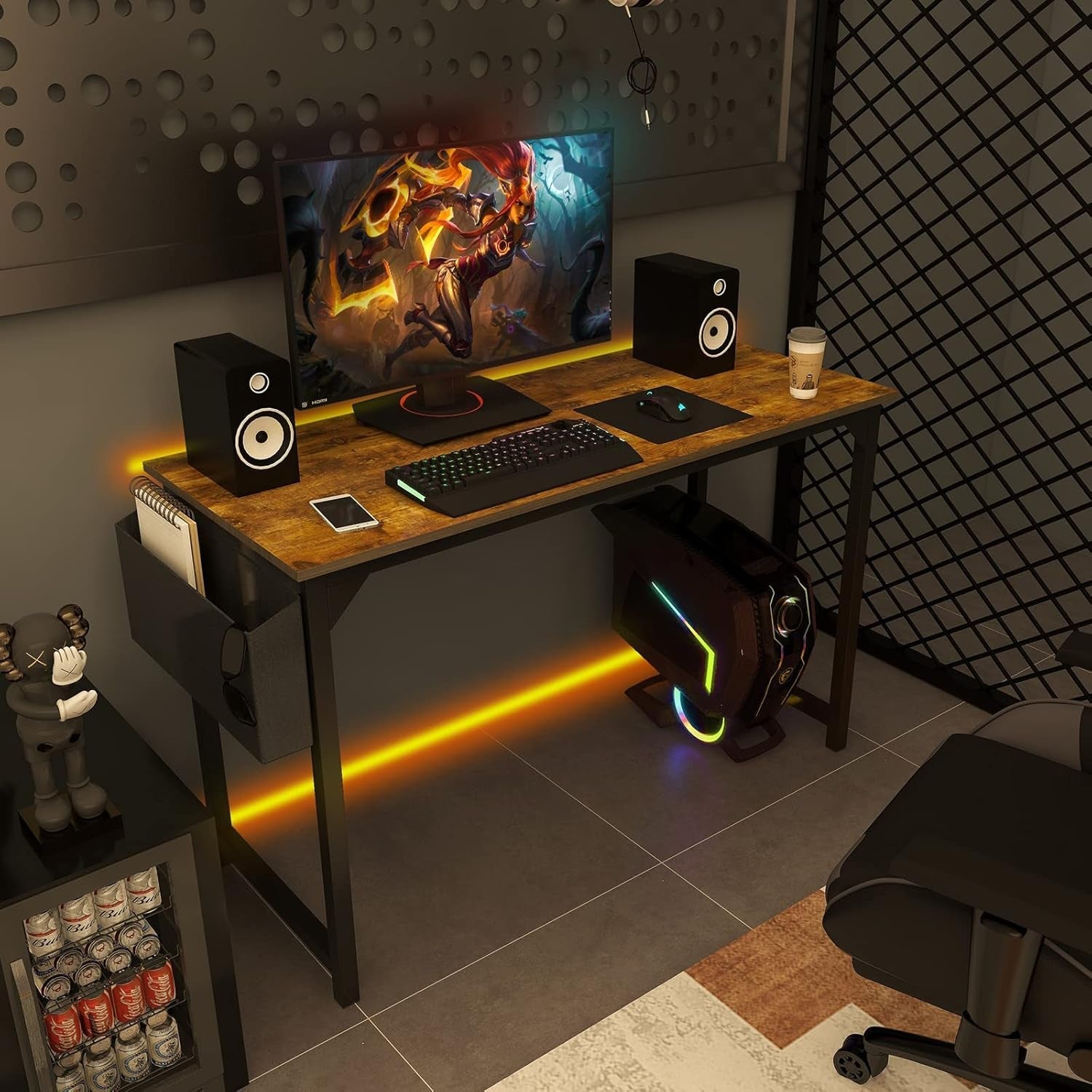 40 Inch Computer Desk With Headphone Hooks Brown Storage Bag
