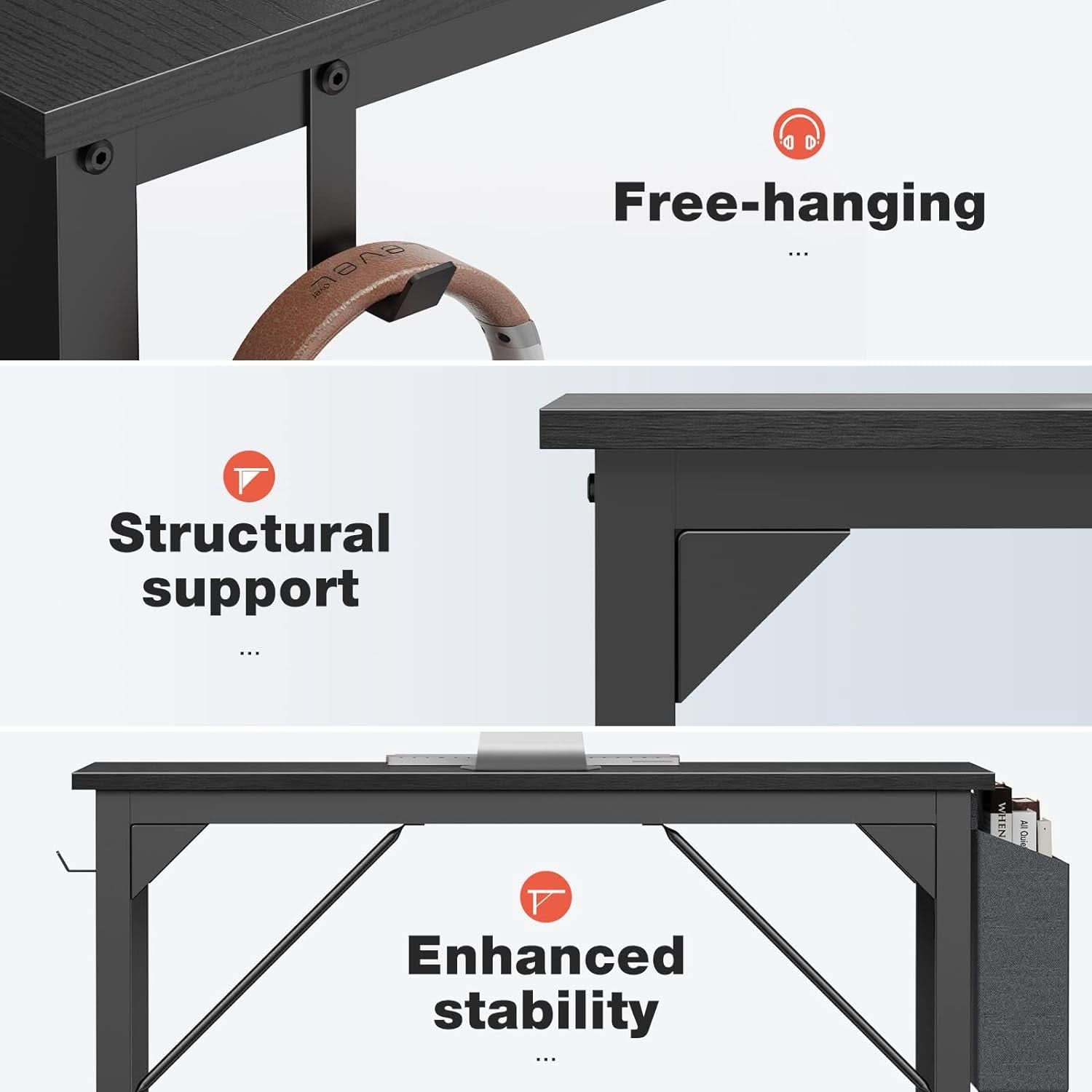 40 Inch Computer Desk With Storage Hooks For Home Office